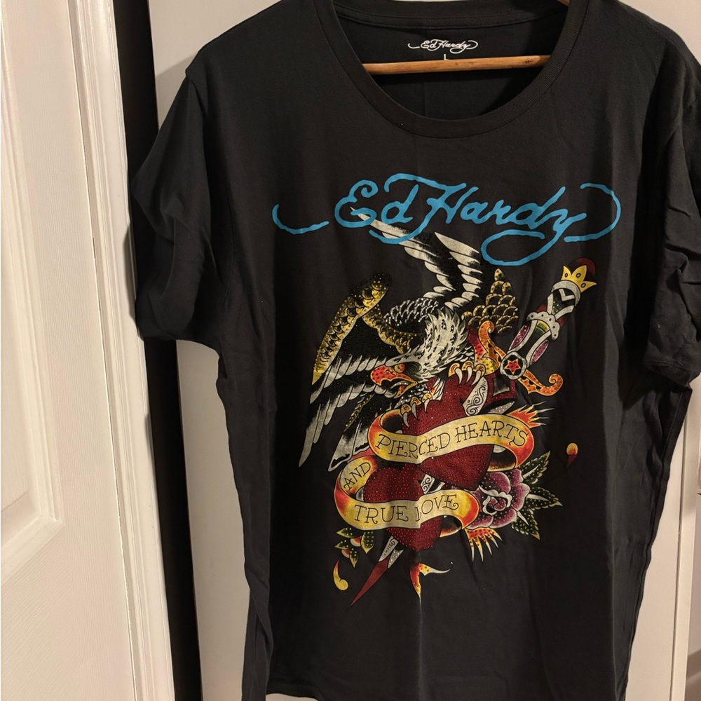 Ed Hardy Black Tee with Multicolor Tattoo Heart Graphic